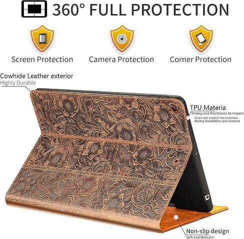 Gexmil Leather Case for iPad 10.2 inch 9th/8th/7th Gen. 2021/2020/2019 with Pencil Holder, Genuine Leather Cover Auto Sleep/Wake,Smart Folio Shockproof Protective,Anti-Fingerprint,Flower Brown in Saudi Arabia