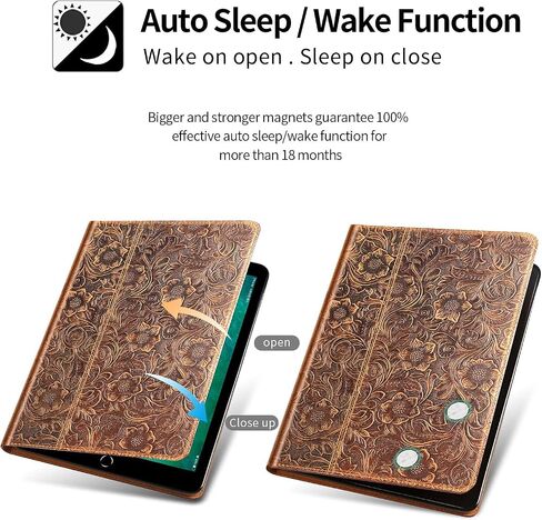 Gexmil Leather Case for iPad 10.2 inch 9th/8th/7th Gen. 2021/2020/2019 with Pencil Holder, Genuine Leather Cover Auto Sleep/Wake,Smart Folio Shockproof Protective,Anti-Fingerprint,Flower Brown in Saudi Arabia