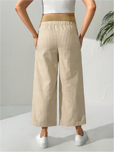 OYOANGLE Women's Maternity Striped Print High Waist Pants Over The Belly Pregnancy Cropped Trousers in Saudi Arabia