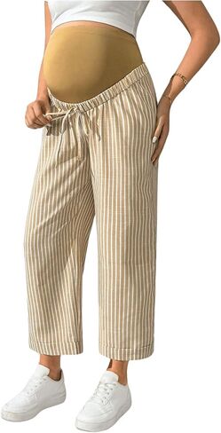 OYOANGLE Women's Maternity Striped Print High Waist Pants Over The Belly Pregnancy Cropped Trousers in Saudi Arabia