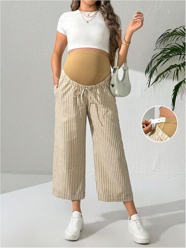 OYOANGLE Women's Maternity Striped Print High Waist Pants Over The Belly Pregnancy Cropped Trousers in Saudi Arabia