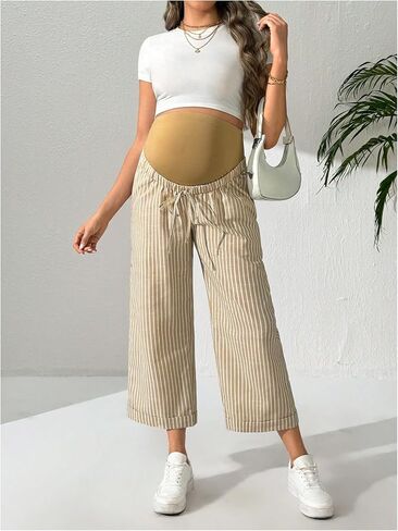 OYOANGLE Women's Maternity Striped Print High Waist Pants Over The Belly Pregnancy Cropped Trousers in Saudi Arabia