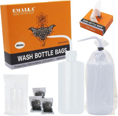 Wash Bottle Bags Kit - 250Pcs Safety Wash Bottle Covers 2Pcs 500ml Tattoo Squeeze Bottle 300Pcs Rubber Bands Purple Wash Bottles Scale Labels Watering Tools for Medical Label Tattoo Supplies in Saudi Arabia