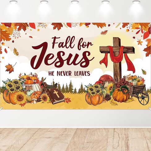 WATINC XtraLarge Fall for Jesus Banner Decorations, Fall for Jesus He Never Leaves Autumn Photography Background, Pumpkin Sunflower Decors Supplies Photo Booth Prop for Wall Home Classroom in Saudi Arabia