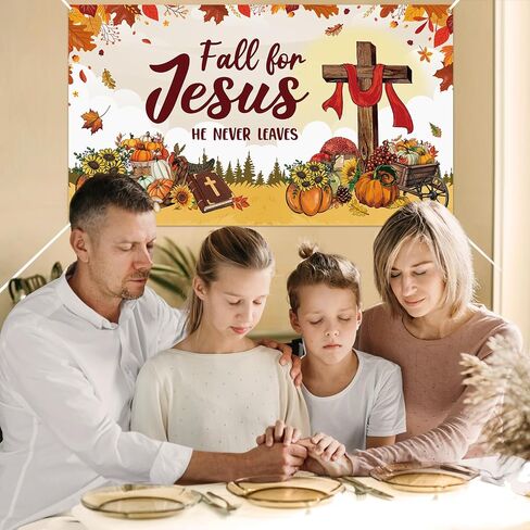 WATINC XtraLarge Fall for Jesus Banner Decorations, Fall for Jesus He Never Leaves Autumn Photography Background, Pumpkin Sunflower Decors Supplies Photo Booth Prop for Wall Home Classroom in Saudi Arabia