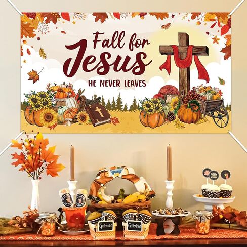 WATINC XtraLarge Fall for Jesus Banner Decorations, Fall for Jesus He Never Leaves Autumn Photography Background, Pumpkin Sunflower Decors Supplies Photo Booth Prop for Wall Home Classroom in Saudi Arabia
