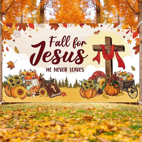 WATINC XtraLarge Fall for Jesus Banner Decorations, Fall for Jesus He Never Leaves Autumn Photography Background, Pumpkin Sunflower Decors Supplies Photo Booth Prop for Wall Home Classroom in Saudi Arabia