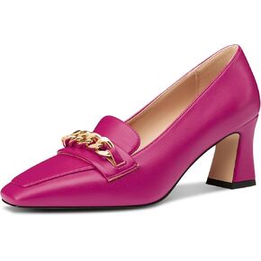 NobleOnly Heeled Loafers for Women Mid Chunky Block Loafers Close Square Toe Slip-on Pumps with Metal Chain Work Casual Pumps 2.8 Inches Heels
