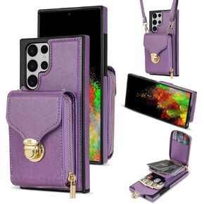 Compatible with Samsung Galaxy S23 Ultra 5G Wallet Case Crossbody Strap Leather Zipper Credit Card Holder Clasp Stand Cell Accessories Phone Cover for S23Ultra 23S S 23 23Ultra 6.8 inch Women Pink