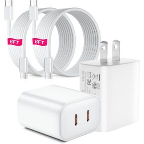 USB C Charger for iPhone 16, 2 Pack PD 36W Dual USB C Port Wall Fast Charger Adapter with 2 Pcs 6 FT USB-C to C Fast Charging Cable Compatible with iPhone 16/15,i Pad, Samsung