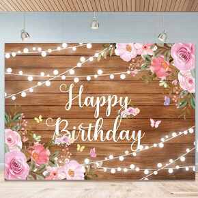 Happy Birthday Backdrop for Women Rustic Wooden Pink Floral Butterfly Birthday Backdrop Glitter Lights Photo Background for Women Birthday Party Happy Birthday Photography Backdrop 7x5Ft