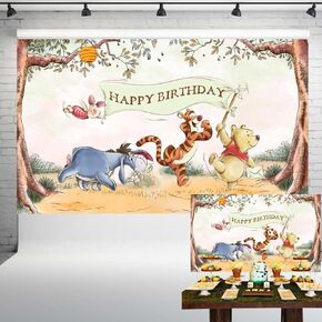 Vintage Pooh Bear Happy Birthday Backdrop Classic Winnie and Friends in Woods Background Neutral Green Party Decorations 5x3 ft 303