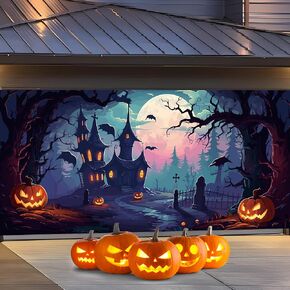 Halloween Garage Door Banner Cover Halloween Large Hanging Backdrop Door Cover Pumpkin Castle Door Cover Decorations for Halloween Home Indoor Outdoor Wall Spooky Party Door, 6 x 13 ft