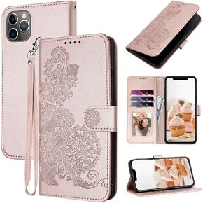 for iPhone 11 Pro Wallet Case, Cute Floral Pattern Leather for Women Girl, Card Holder Kickstand Flip Cases, Wrist Strap, Magnetic Closure, Shockproof Protective Cover (Black Green)