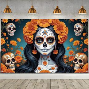 Dia De Los Muertos Backdrop for Photography Day of The Dead Banner Gothic Halloween Mexican Fiesta Sugar Skull Decorations and Supplies for Home Altar Ofrenda