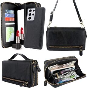 Harryshell Compatible with Samsung Galaxy S21 Ultra 5G (6.8") Case Wallet Multi Zipper Detachable Magnetic Cover Card Slots Holder Money Pocket Mirror Crossbody Chain Wrist Strap (Black)