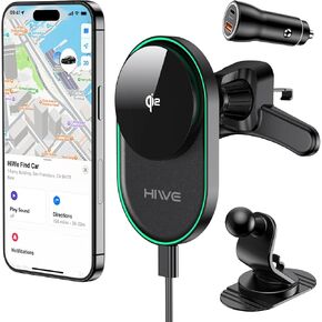 HiWe for MagSafe Car Mount Charger with Find My Built-in, Qi2-Certified Fast Charging 15W Magnetic Wireless Car Charger with Air Vent and Dashboard Mount for iPhone 16/15/14/13/12 Series, Black