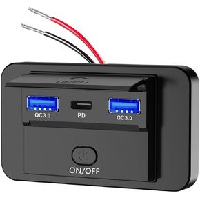 12V USB Outlet Surface Mount Lightweight PD 30W and QC 3.0 18W USB Ports for Car, 12 Volt USB Cigarette Lighter Replacement Charger Socket Panel with Button Switch for Cars Motorcycles Buses
