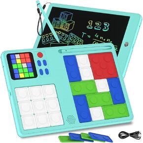 Slider Puzzle Games & LCD Writing Tablet 2 in 1 Gifts, 530 Challenges Brain Teaser Puzzle,Toys for Kids,Educational Drawing Pad for Kids,Christmas Birthday Gifts for Boys Girls(Blue)