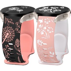 Wearlizer 2 Packs Floral Engraved Band Compatible with Samsung Galaxy Watch 7/FE/6/5/5 Pro/Watch 4 40mm 44mm/Watch 3 41mm/Active 2 Band Women, Cute Two-Tone Flower Soft Silicone Sport for 20mm Watch