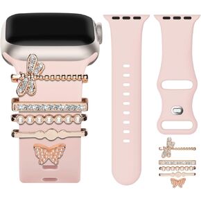 Sport Bands Compatible with Apple Watch Band 40mm 41mm 38mm 44mm 45mm 42mm for Women, Soft Silicone Band Strap With Decorative Apple Watch Charms for iWatch Series 9 8 7 6 5 4 3 2 1 SE (With Band)