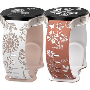 Wearlizer 2 Packs Floral Engraved Band Compatible with Samsung Galaxy Watch 7/FE/6/5/5 Pro/Watch 4 40mm 44mm/Watch 3 41mm/Active 2 Band Women, Cute Two-Tone Flower Soft Silicone Sport for 20mm Watch