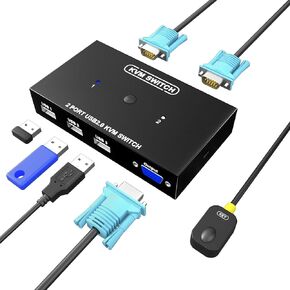 KVM Switch VGA 2 Port, DiamondTiger VGA KVM Switch for 2 Computers Share 1 Monitor & 3 USB 2.0 Keyboard Mouse Scanner Printer,U Disk, Driver-Free for All OS,2 KVM Cables 1 Desktop Controller Included