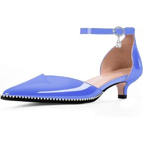 Women's Low Kitten Heel Pointed Toe Pumps Ankle Strap Patent Leather Prom Wedding Dress Shoes