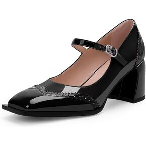 Women's Square Toe Chunky Heel Mary Janes Buckle Strap Wingtip Oxford Pumps Dress Shoes