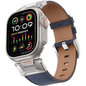 Genuine Leather Band Compatible with Apple Watch Ultra 2/Ultra Band 49mm 45mm 44mm 42mm for Men Women, Rugged Strap with Stainless Steel Connectors for iWatch Ultra Series SE 9 8 7 6 5 4 3