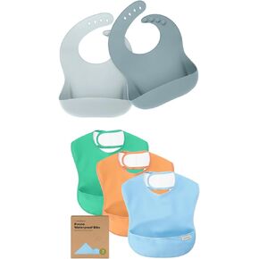 KeaBabies 2-Pack Baby Silicone Bibs and 3-Pack Waterproof Baby Bibs for Eating - Waterproof, Easy Wipe Silicone Bib for Babies, Toddlers - Lightweight Baby Bib with Food Catcher, Mess Proof Bibs