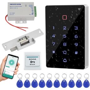 WiFi Tuya APP Access Control System Kit Waterproof RFID Access Control Keypad, Fail-Safe Electric Strike Lock, 12VDC Power Supply Unit, Door Switch Button, 125KHz RFID Badge Key fobs