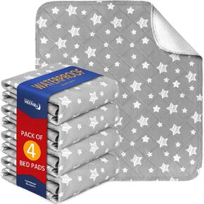 Waterproof Bed Pads 34"x36" 4 Pack, Absorbent Pads Non Slip for Incontinence, Reusable Bed Pads, Gray Star