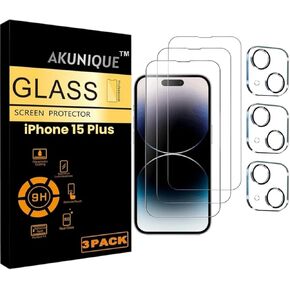 واقي شاشة لهاتف IPhone 15 [عبوة من 3 واقيات شاشة + 3 قطع واقي عدسة كاميرا لهاتف Iphone 15 HD شفاف، زجاج مقسى متوافق مع جزيرة ديناميكية، صديق للحافظة - [(صلابة 9H)]