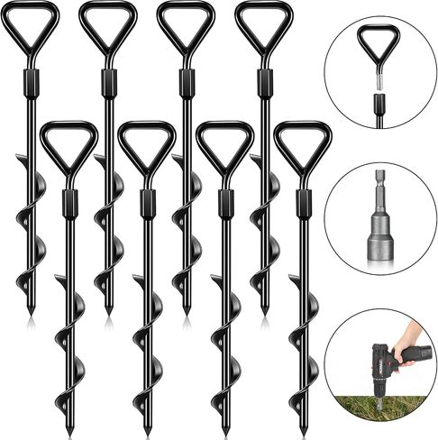 8 Pcs 12" Ground Stakes Heavy Duty Trampoline Stakes Ground Anchors Screw in Heavy Duty Tent Stakes with Drill Bit Metal Ground Anchors for Swing, Trampoline, Tents, Securing Animals in Saudi Arabia