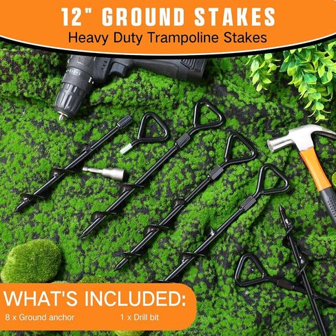 8 Pcs 12" Ground Stakes Heavy Duty Trampoline Stakes Ground Anchors Screw in Heavy Duty Tent Stakes with Drill Bit Metal Ground Anchors for Swing, Trampoline, Tents, Securing Animals in Saudi Arabia