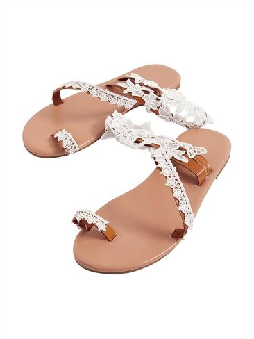 OYOANGLE Women's Floral Lace Decor Open Toe Strappy Flat Sandals Toe Ring Ankle Strap Thong Sandals in Saudi Arabia