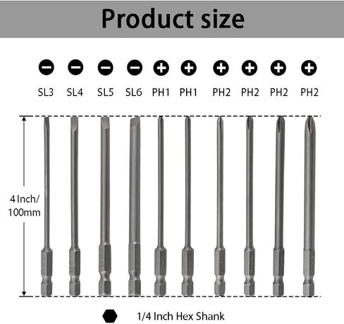 10Pcs Magnetic Slotted Phillips Screwdriver Bit Set with 1/4 Inch Hex Shank, Flat Slotted + Cross Head Drive Bits S2 Steel for Power Screwdriver Drill Impact Driver (2-inch/50mm Length) in Saudi Arabia