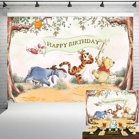 Vintage Pooh Bear Happy Birthday Backdrop Classic Winnie and Friends in Woods Background Neutral Green Party Decorations 5x3 ft 303 in Saudi Arabia