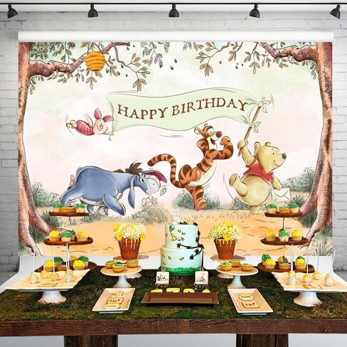 Vintage Pooh Bear Happy Birthday Backdrop Classic Winnie and Friends in Woods Background Neutral Green Party Decorations 5x3 ft 303 in Saudi Arabia