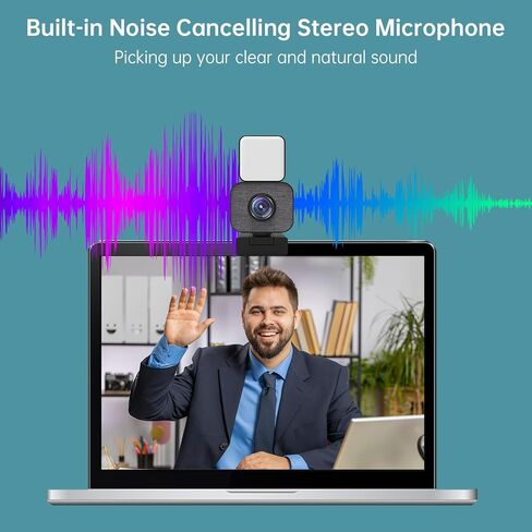Webcam with Mini Light, Built-in Microphone, 1080P/30fps HD Video, 120° Wide Angle Camera, Low Light Correction, USB Plug and Play, Works with Zoom Teams Skype Google Meet in Kuwait