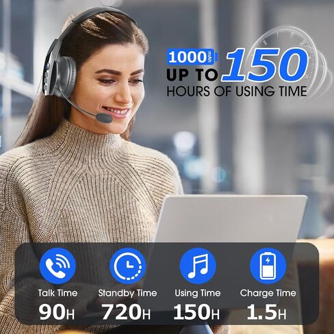 Bluetooth Headset, Wireless Headset with Noise Canceling Mic (90 Hrs) Talktime & Mute Button, Trucker Bluetooth 5.2 Single-Ear Phone Headphones for Work/Truck Driver/Office/Cellphone in Saudi Arabia
