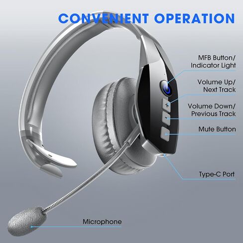 Bluetooth Headset, Wireless Headset with Noise Canceling Mic (90 Hrs) Talktime & Mute Button, Trucker Bluetooth 5.2 Single-Ear Phone Headphones for Work/Truck Driver/Office/Cellphone in Saudi Arabia