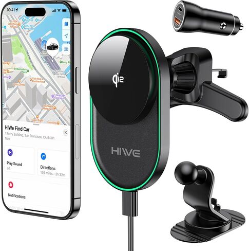 HiWe for MagSafe Car Mount Charger with Find My Built-in, Qi2-Certified Fast Charging 15W Magnetic Wireless Car Charger with Air Vent and Dashboard Mount for iPhone 16/15/14/13/12 Series, Black in Saudi Arabia