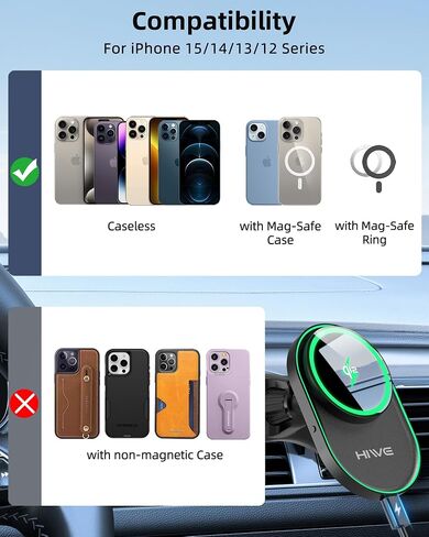 HiWe for MagSafe Car Mount Charger with Find My Built-in, Qi2-Certified Fast Charging 15W Magnetic Wireless Car Charger with Air Vent and Dashboard Mount for iPhone 16/15/14/13/12 Series, Black in Saudi Arabia