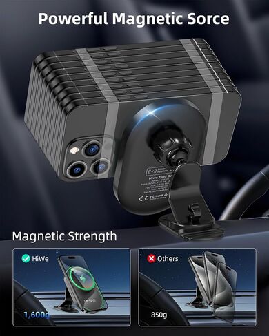 HiWe for MagSafe Car Mount Charger with Find My Built-in, Qi2-Certified Fast Charging 15W Magnetic Wireless Car Charger with Air Vent and Dashboard Mount for iPhone 16/15/14/13/12 Series, Black in Saudi Arabia