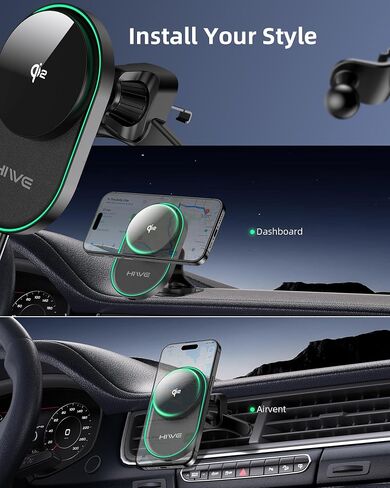 HiWe for MagSafe Car Mount Charger with Find My Built-in, Qi2-Certified Fast Charging 15W Magnetic Wireless Car Charger with Air Vent and Dashboard Mount for iPhone 16/15/14/13/12 Series, Black in Saudi Arabia