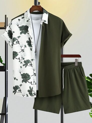 OYOANGLE Men's 2 Piece Vacation Outfits Tropical Hawaiian Button Down Shirt and Shorts Set Dark Grey XX-Large in Kuwait