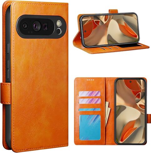 for Google Pixel 9 Pro XL(2024) Wallet Case,PU Leather Fold Case with 3 Card Slots,Strong Magnetic Clasps Kickstand Folio Phone Leather Cover for Pixel 9 Pro XL(2024),Orange in Saudi Arabia