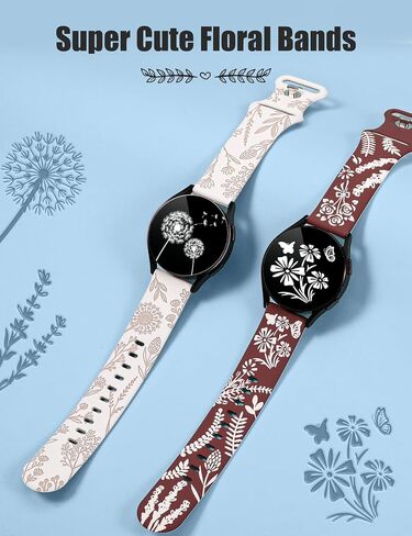 عبوتان من حزام Wearlizer المنقوش بالزهور متوافق مع ساعة Samsung Galaxy Watch 7/FE/6/5/5 Pro/Watch 4 40 مم 44 مم/ساعة 3 41 مم/أكتيف 2 باند للسيدات، لطيف بدرجتين من اللون من السيليكون الناعم الرياضي لساعة 20 مم in Kuwait